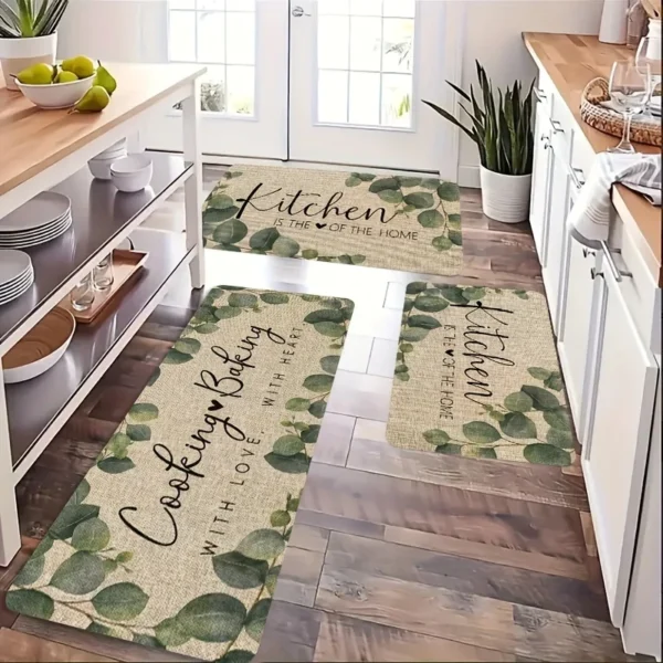 VIKAMA Flowers and Plants Kitchen Mat, Green Leaf Pattern Runner Rug, Laundry Room, Bathroom, Outdoor and Indoor Home Decor