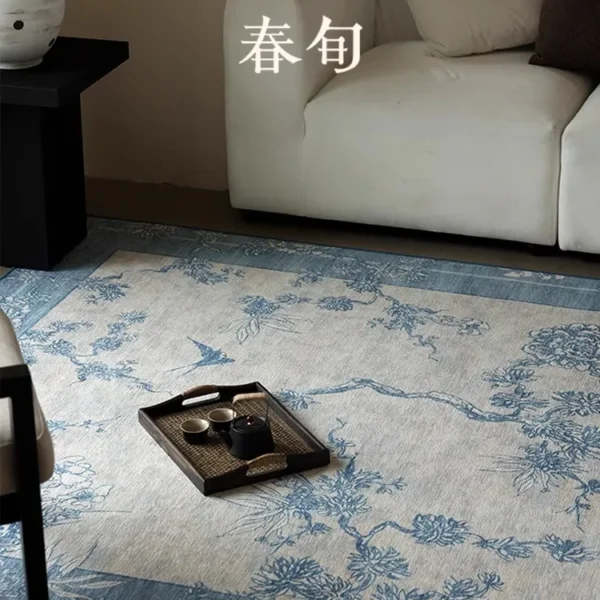 Chinese Retro Living Room Large Area Carpet Ethnic Style Bedroom Carpet Blue Floral Home Rug Soft Non-slip Machine Washable Rugs