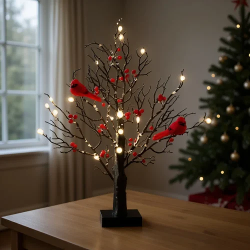 Vintage LED Cardinal Birch Tree Light for Festive Decor